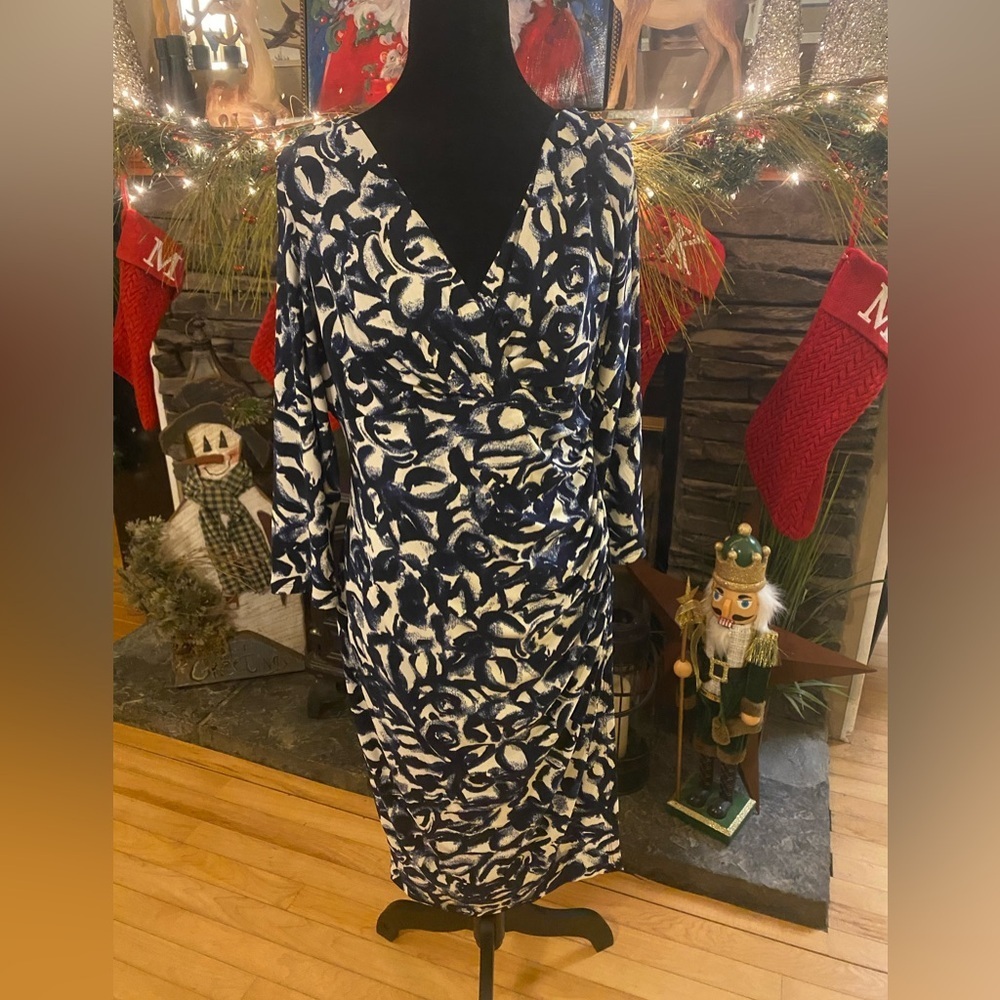 LRL Blue and White 3/4 Sleeve Abstract Faux Wrap Stretch Dress Size 14
